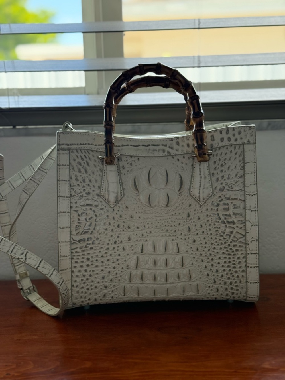 Vanscido White Croc-Embossed Tote with Bamboo Handles